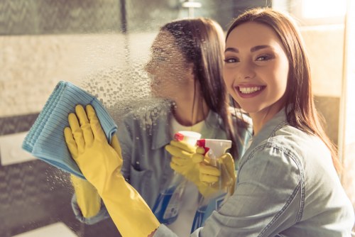 Cleaner preparing to complete a safe and organised cleaning shift